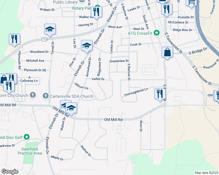 map of restaurants, bars, coffee shops, grocery stores, and more near 6 Allison Circle in Cartersville