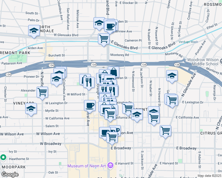 map of restaurants, bars, coffee shops, grocery stores, and more near 500 North Brand Boulevard in Glendale