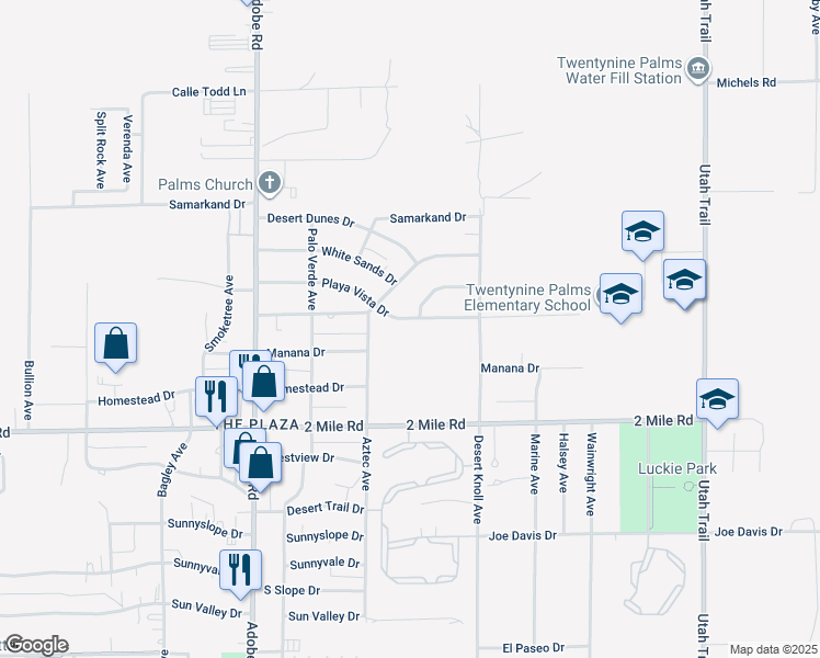 map of restaurants, bars, coffee shops, grocery stores, and more near 73973 Playa Vista Drive in Twentynine Palms