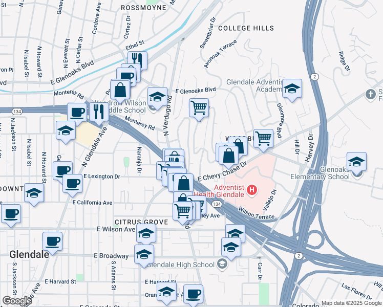 map of restaurants, bars, coffee shops, grocery stores, and more near 500 Woodbury Road in Glendale