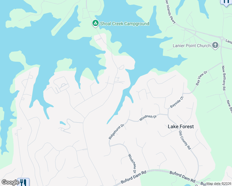 map of restaurants, bars, coffee shops, grocery stores, and more near 6033 Shadburn Ferry Road in Buford