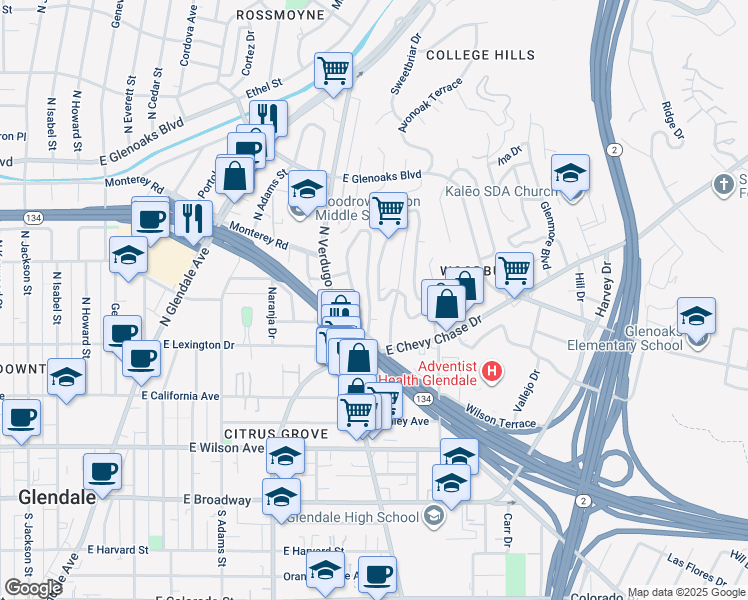 map of restaurants, bars, coffee shops, grocery stores, and more near 500 Woodbury Road in Glendale