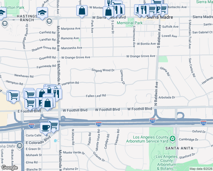 map of restaurants, bars, coffee shops, grocery stores, and more near 960 Hampton Road in Arcadia