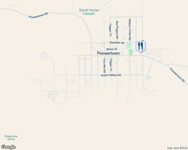 map of restaurants, bars, coffee shops, grocery stores, and more near Annie Oakley Road in Pioneertown