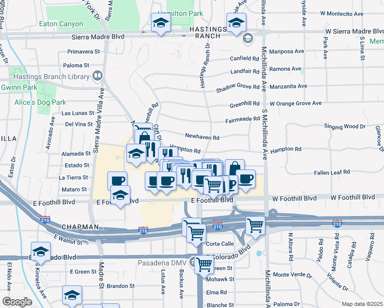 map of restaurants, bars, coffee shops, grocery stores, and more near 3680 Hampton Road in Pasadena
