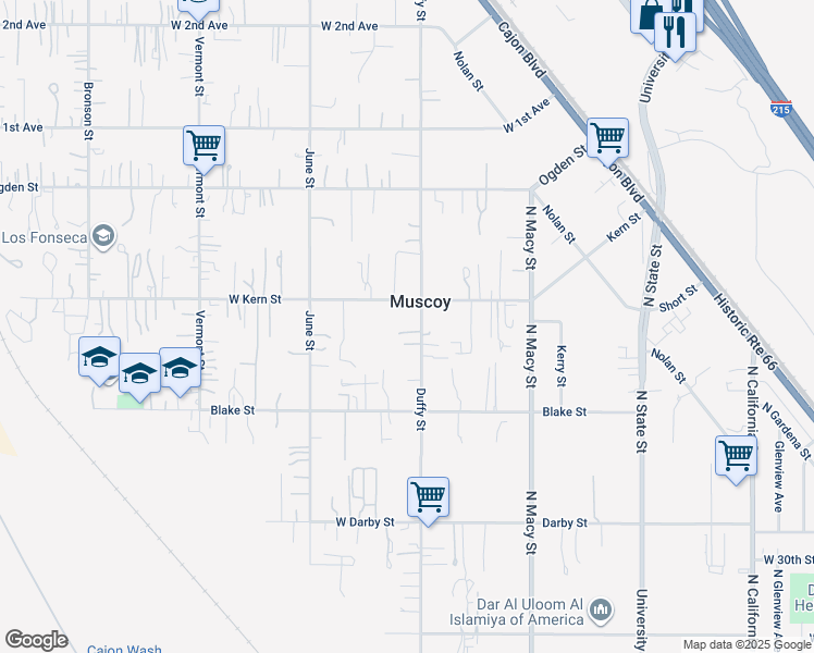 map of restaurants, bars, coffee shops, grocery stores, and more near 3154 Duffy Street in Muscoy