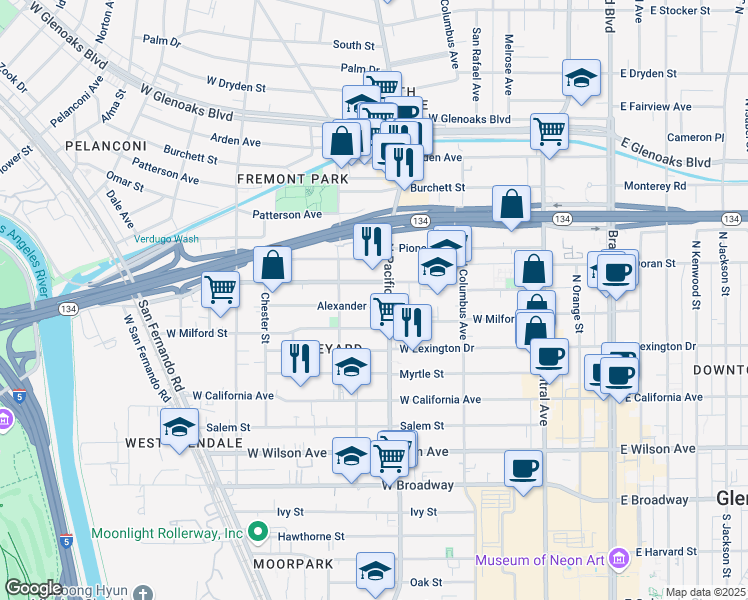 map of restaurants, bars, coffee shops, grocery stores, and more near in Glendale