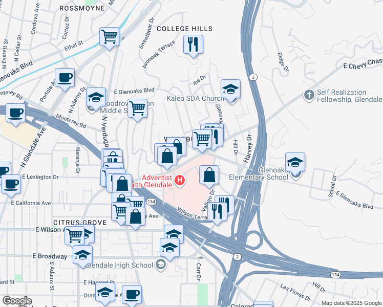 map of restaurants, bars, coffee shops, grocery stores, and more near 1577 East Chevy Chase Drive in Glendale