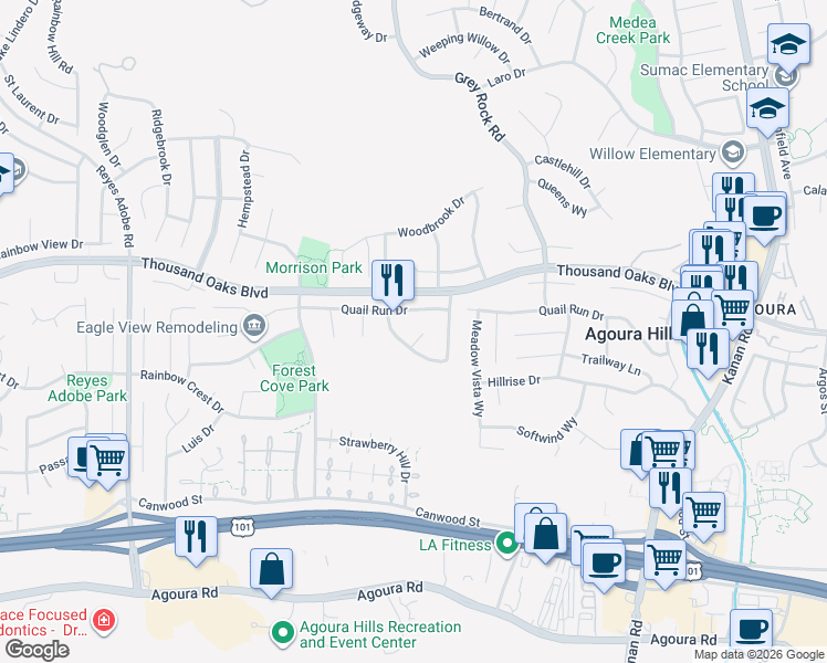 map of restaurants, bars, coffee shops, grocery stores, and more near 29609 Lazy Oak Place in Agoura Hills