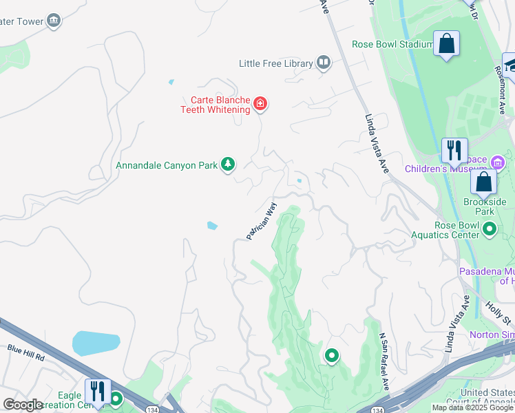 map of restaurants, bars, coffee shops, grocery stores, and more near 405 Woodcliffe Road in Pasadena