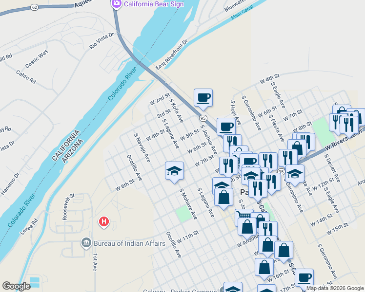 map of restaurants, bars, coffee shops, grocery stores, and more near 501 South Laguna Avenue in Parker