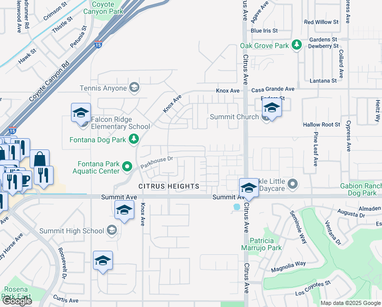map of restaurants, bars, coffee shops, grocery stores, and more near 15912 Parkhouse Drive in Fontana