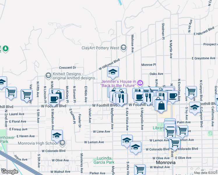 map of restaurants, bars, coffee shops, grocery stores, and more near 168 Highland Place in Monrovia