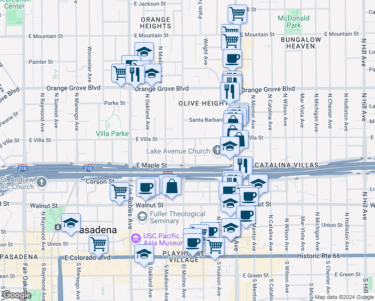 map of restaurants, bars, coffee shops, grocery stores, and more near 440 North El Molino Avenue in Pasadena