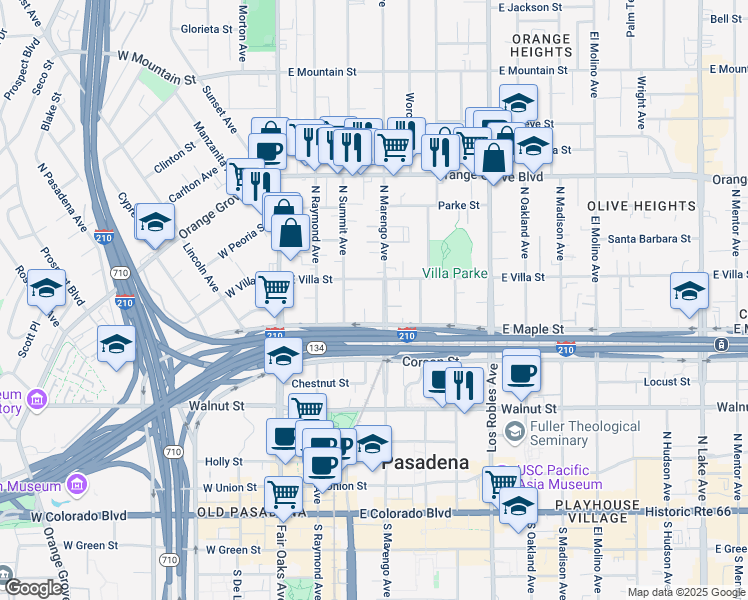 map of restaurants, bars, coffee shops, grocery stores, and more near 440 North Marengo Avenue in Pasadena