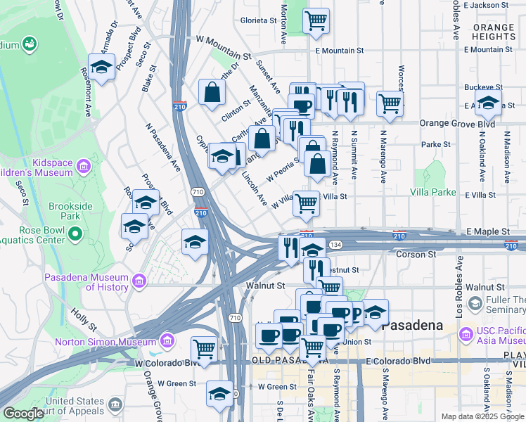 map of restaurants, bars, coffee shops, grocery stores, and more near in Pasadena