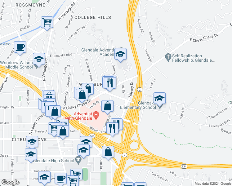 map of restaurants, bars, coffee shops, grocery stores, and more near 425 Hill Drive in Glendale