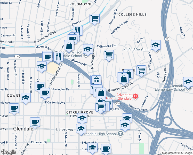 map of restaurants, bars, coffee shops, grocery stores, and more near 506 La Loma Road in Glendale