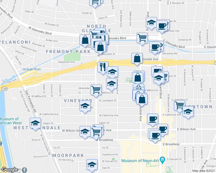 map of restaurants, bars, coffee shops, grocery stores, and more near 425 West Milford Street in Glendale