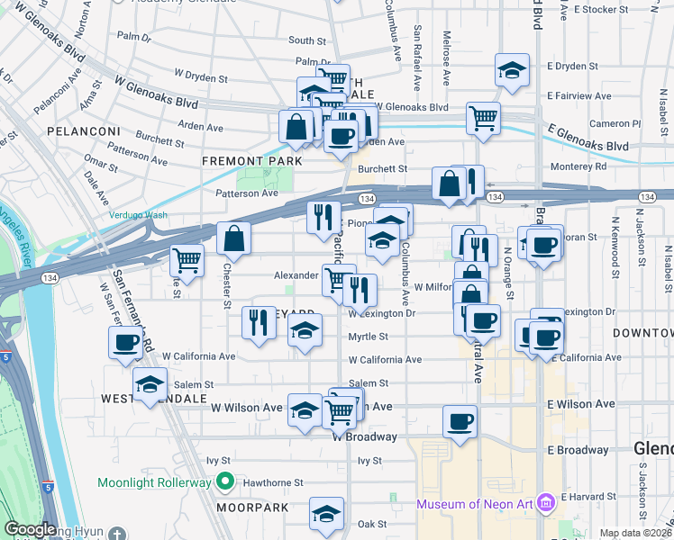 map of restaurants, bars, coffee shops, grocery stores, and more near 501 Alexander Street in Glendale