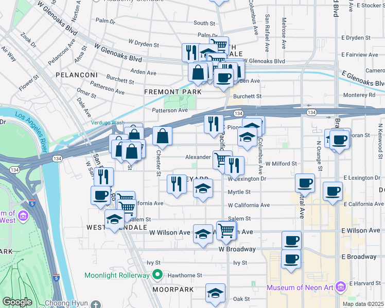map of restaurants, bars, coffee shops, grocery stores, and more near 617 Alexander Street in Glendale