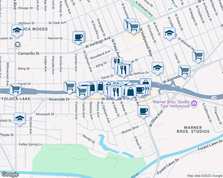 map of restaurants, bars, coffee shops, grocery stores, and more near 225 North Rose Street in Burbank