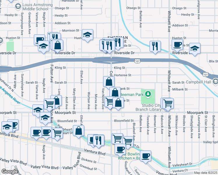 map of restaurants, bars, coffee shops, grocery stores, and more near 4544 Van Noord Avenue in Los Angeles