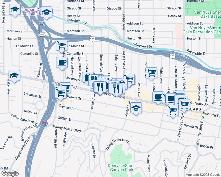 map of restaurants, bars, coffee shops, grocery stores, and more near 14958 Moorpark Street in Los Angeles