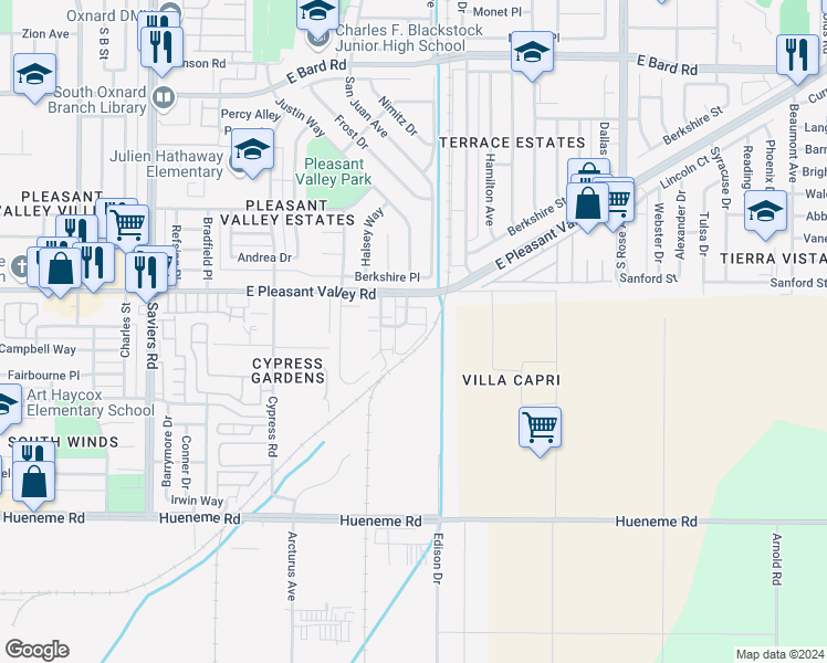 map of restaurants, bars, coffee shops, grocery stores, and more near 5182 Longfellow Way in Oxnard