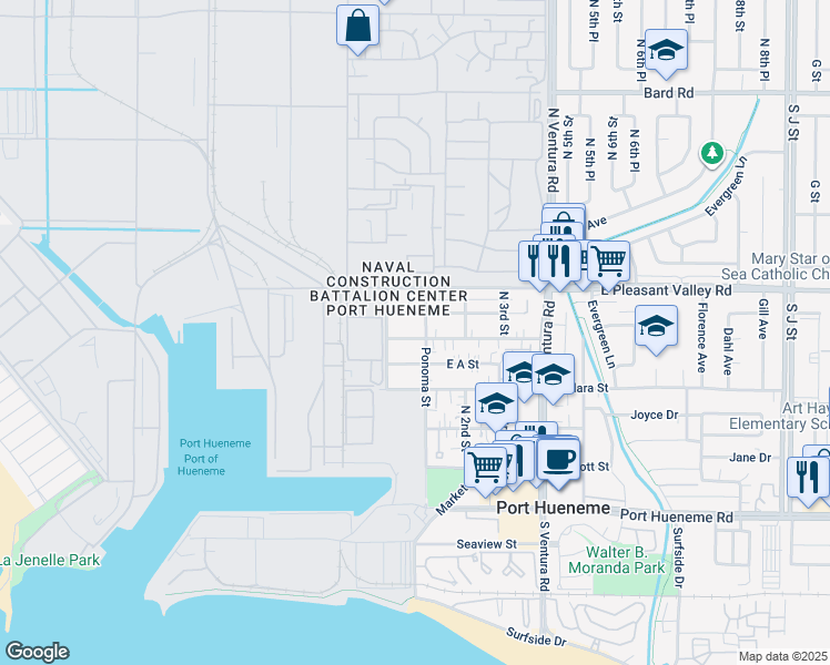 map of restaurants, bars, coffee shops, grocery stores, and more near 115 West B Street in Port Hueneme