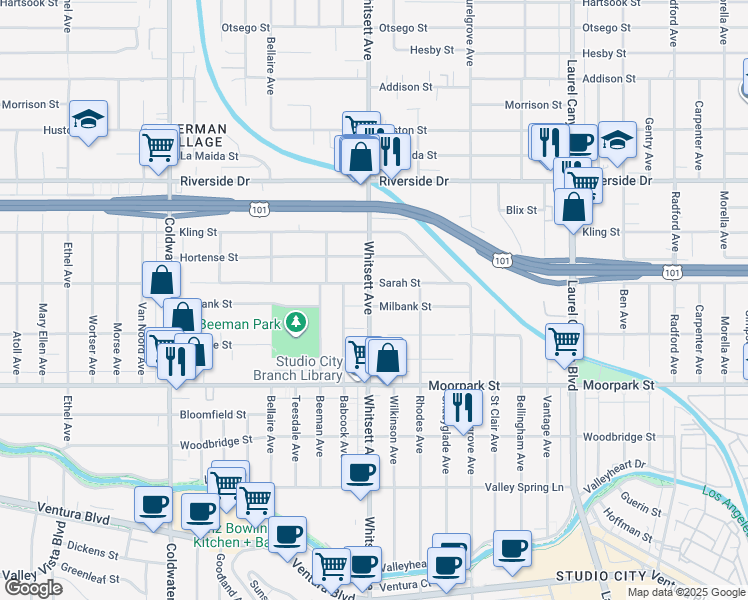 map of restaurants, bars, coffee shops, grocery stores, and more near 12503 Milbank Street in Los Angeles