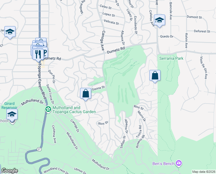 map of restaurants, bars, coffee shops, grocery stores, and more near 4650 Canoga Avenue in Los Angeles