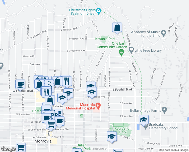map of restaurants, bars, coffee shops, grocery stores, and more near 442 Sierra Vista Avenue in Monrovia