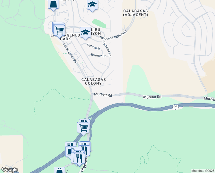 map of restaurants, bars, coffee shops, grocery stores, and more near 26054 Redbluff Drive in Calabasas
