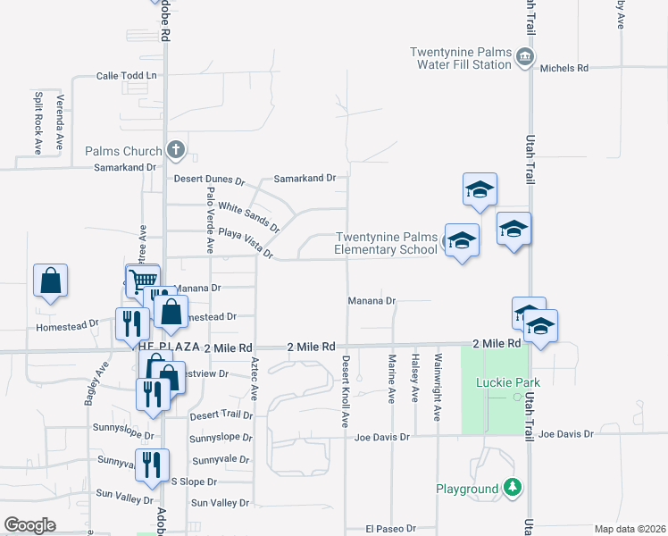 map of restaurants, bars, coffee shops, grocery stores, and more near 74071 Playa Vista Drive in Twentynine Palms