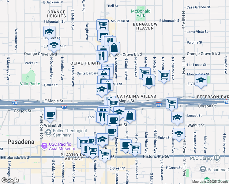 map of restaurants, bars, coffee shops, grocery stores, and more near 431 North Mentor Avenue in Pasadena