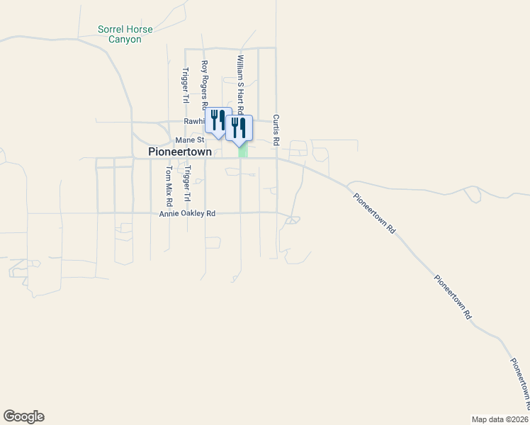 map of restaurants, bars, coffee shops, grocery stores, and more near 53670 Annie Oakley Road in Pioneertown