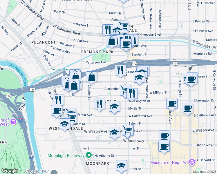 map of restaurants, bars, coffee shops, grocery stores, and more near 605 Alexander Street in Glendale