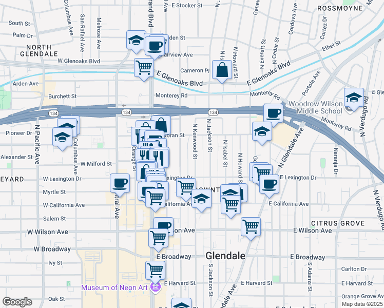 map of restaurants, bars, coffee shops, grocery stores, and more near 515 North Kenwood Street in Glendale