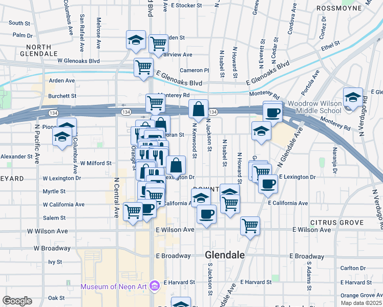 map of restaurants, bars, coffee shops, grocery stores, and more near 515 North Kenwood Street in Glendale