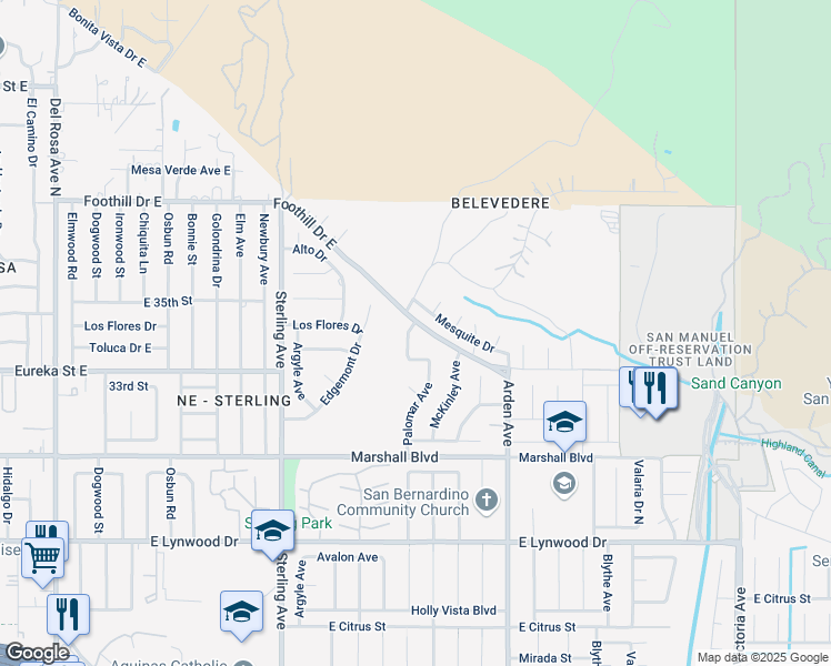 map of restaurants, bars, coffee shops, grocery stores, and more near 2237 Foothill Drive East in San Bernardino