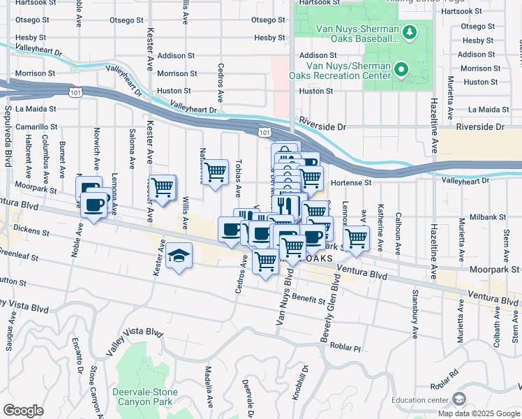 map of restaurants, bars, coffee shops, grocery stores, and more near 4508 Vesper Avenue in Los Angeles