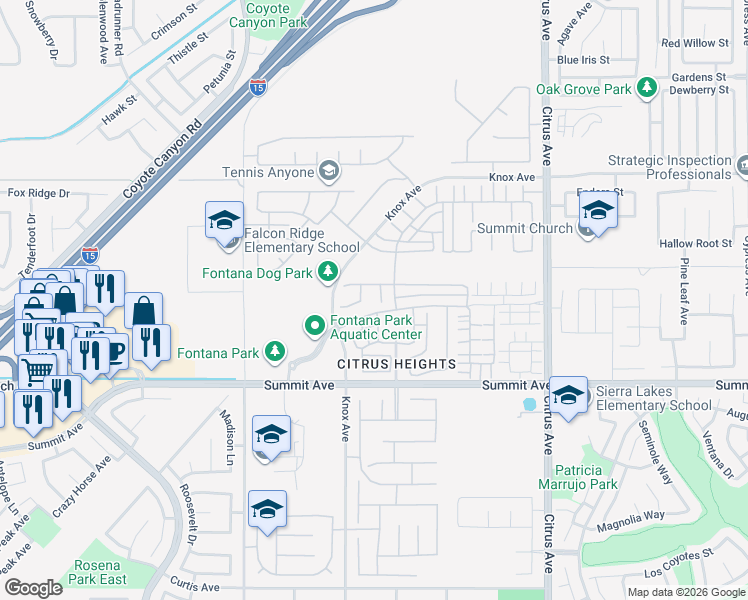map of restaurants, bars, coffee shops, grocery stores, and more near 5534 Hartness Court in Fontana
