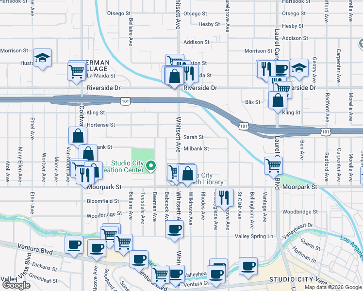 map of restaurants, bars, coffee shops, grocery stores, and more near 12455 Milbank Street in Los Angeles