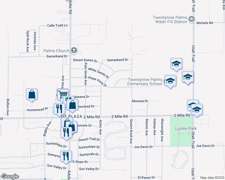 map of restaurants, bars, coffee shops, grocery stores, and more near 73973 Playa Vista Drive in Twentynine Palms