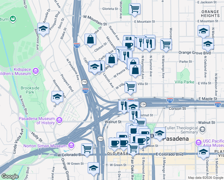 map of restaurants, bars, coffee shops, grocery stores, and more near 481 Lincoln Avenue in Pasadena