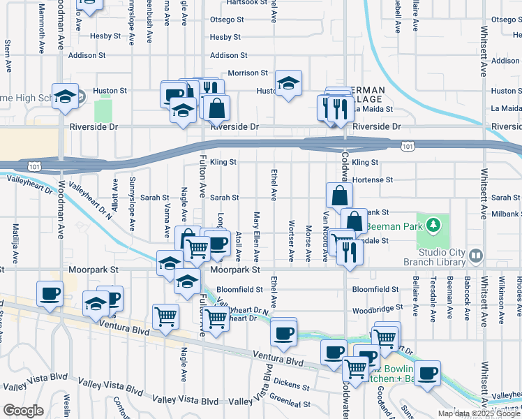 map of restaurants, bars, coffee shops, grocery stores, and more near 4544 Mary Ellen Avenue in Los Angeles