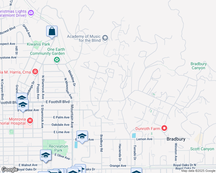 map of restaurants, bars, coffee shops, grocery stores, and more near 100 Palm Hill Lane in Bradbury
