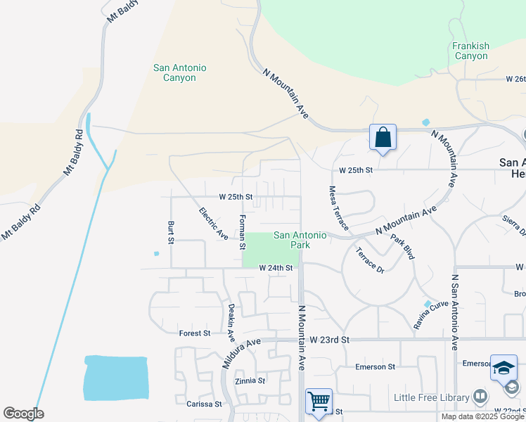 map of restaurants, bars, coffee shops, grocery stores, and more near 1272 West 25th Street in Upland