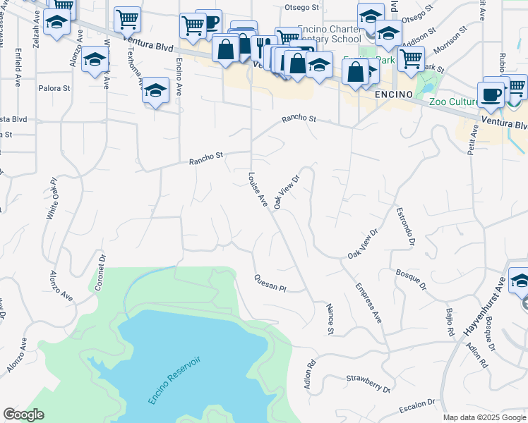 map of restaurants, bars, coffee shops, grocery stores, and more near 4609 Louise Avenue in Los Angeles